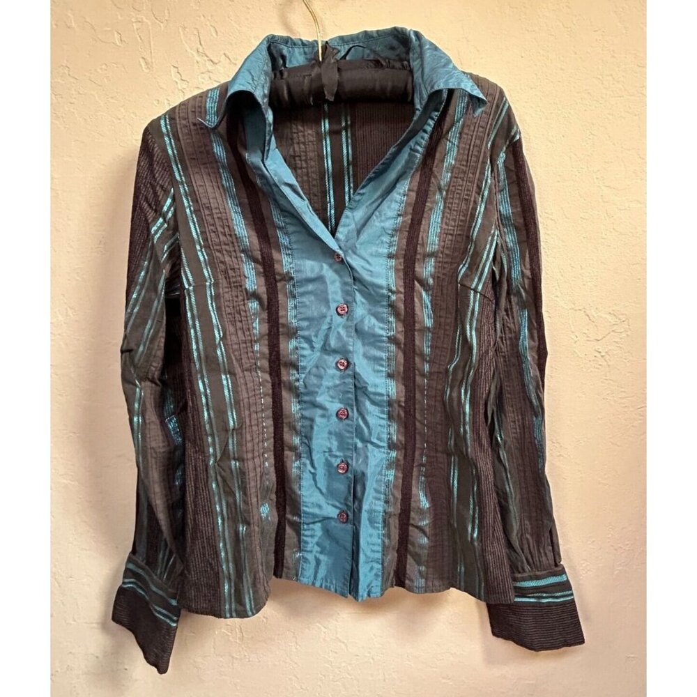 Xanaka Womens Button Down Shirt Top Blouse Black Blue Striped Long Sleeve Casual